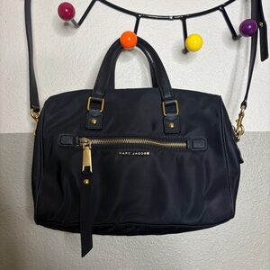 Marc Jacobs Trooper Bauletto Nylon Bowler Satchel Leather Trim Black Gold Zipper
